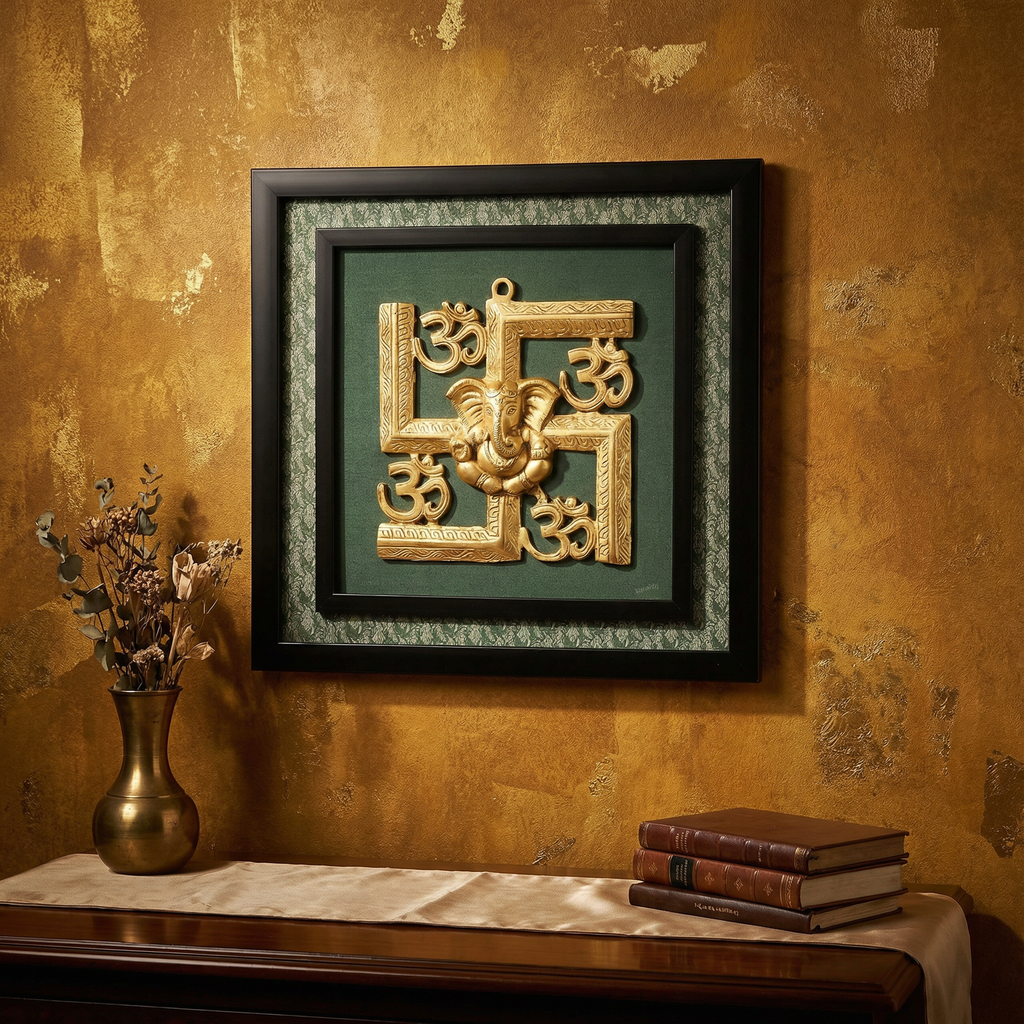 Swastika with Om Brass Frame | Silk & Banarasi Brocade Wall Decor | Auspicious Hindu Symbol | Luxury Indian Home Temple Art