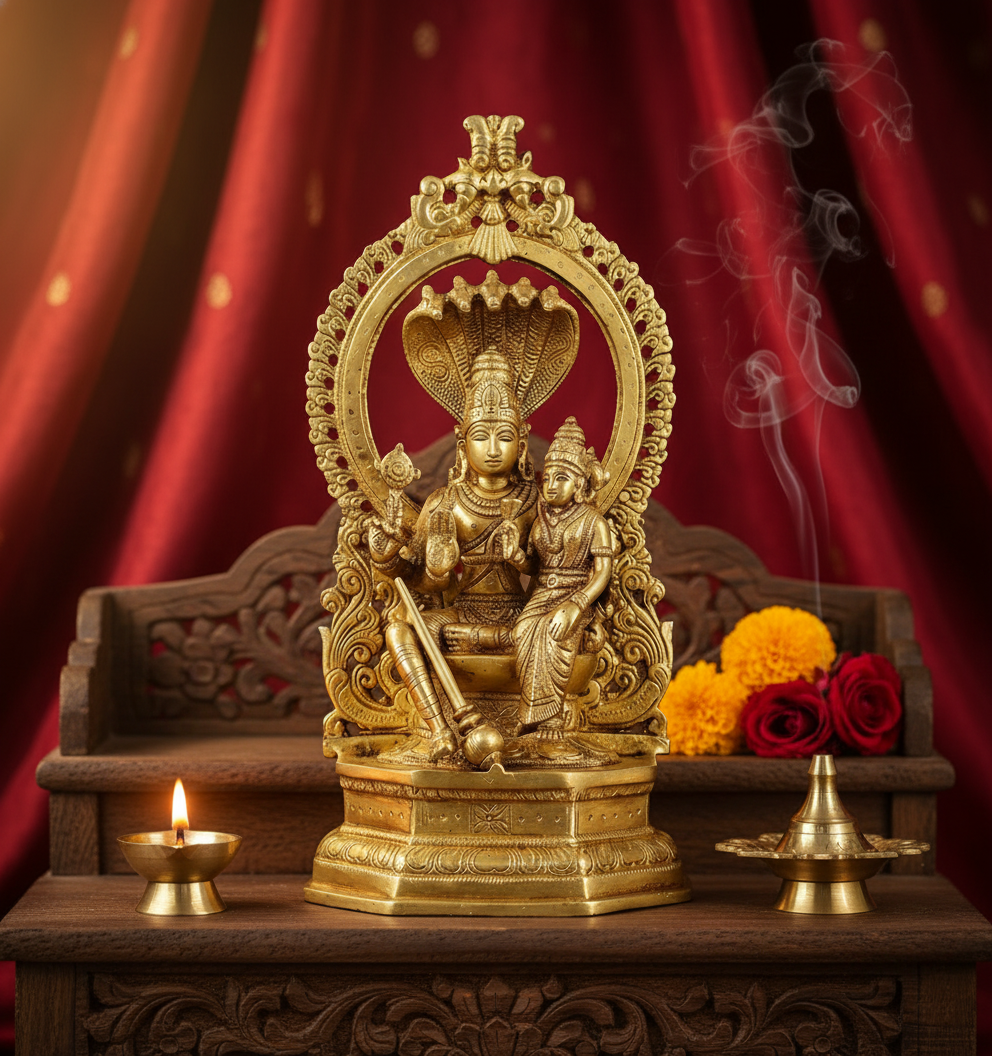 Vishnu Lakshmi Brass Statue in Sacred Temple Setting