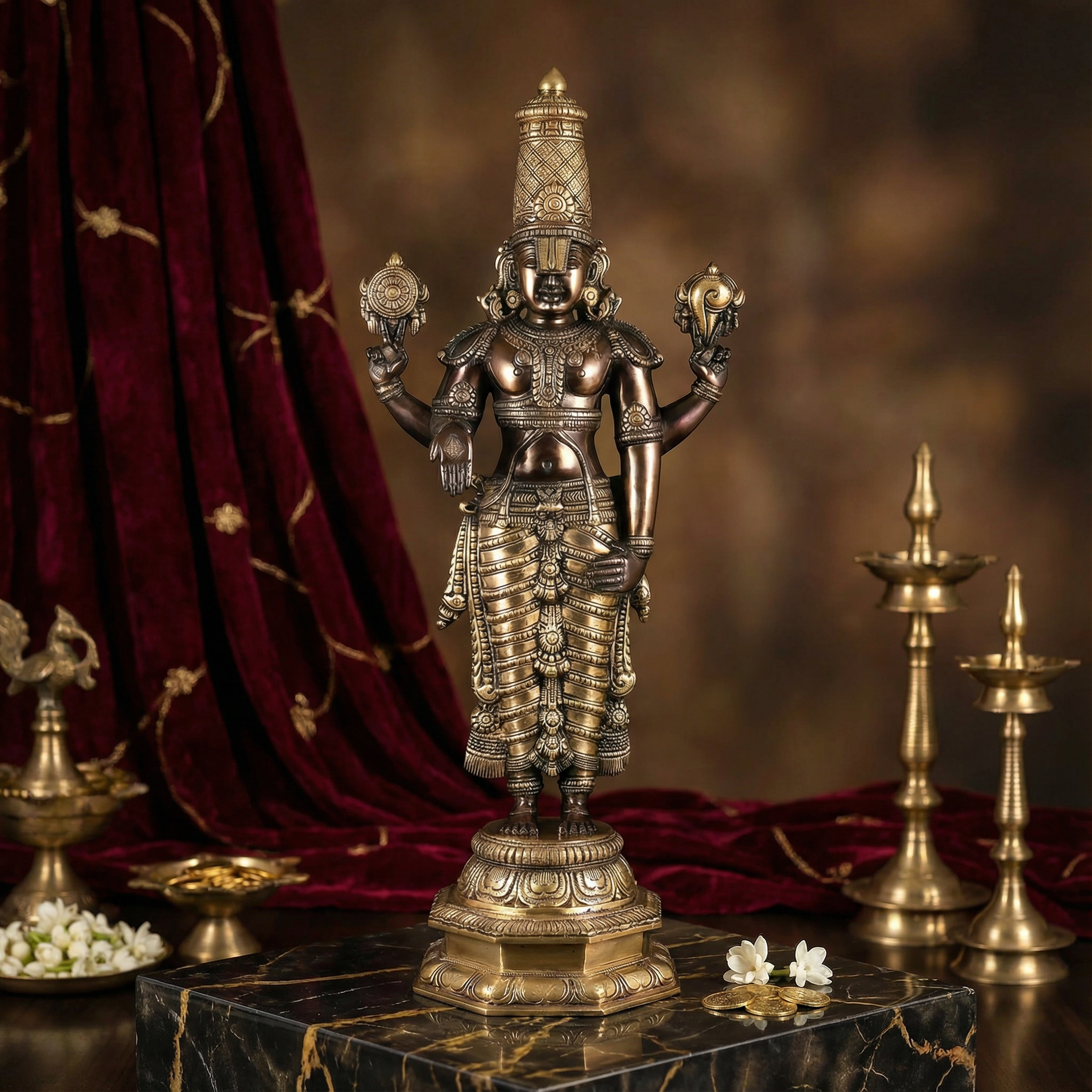 Tirupati Balaji Black & Gold Brass Statue | 12 Inch Handcrafted Idol | South Indian Temple Art | Premium Spiritual Decor