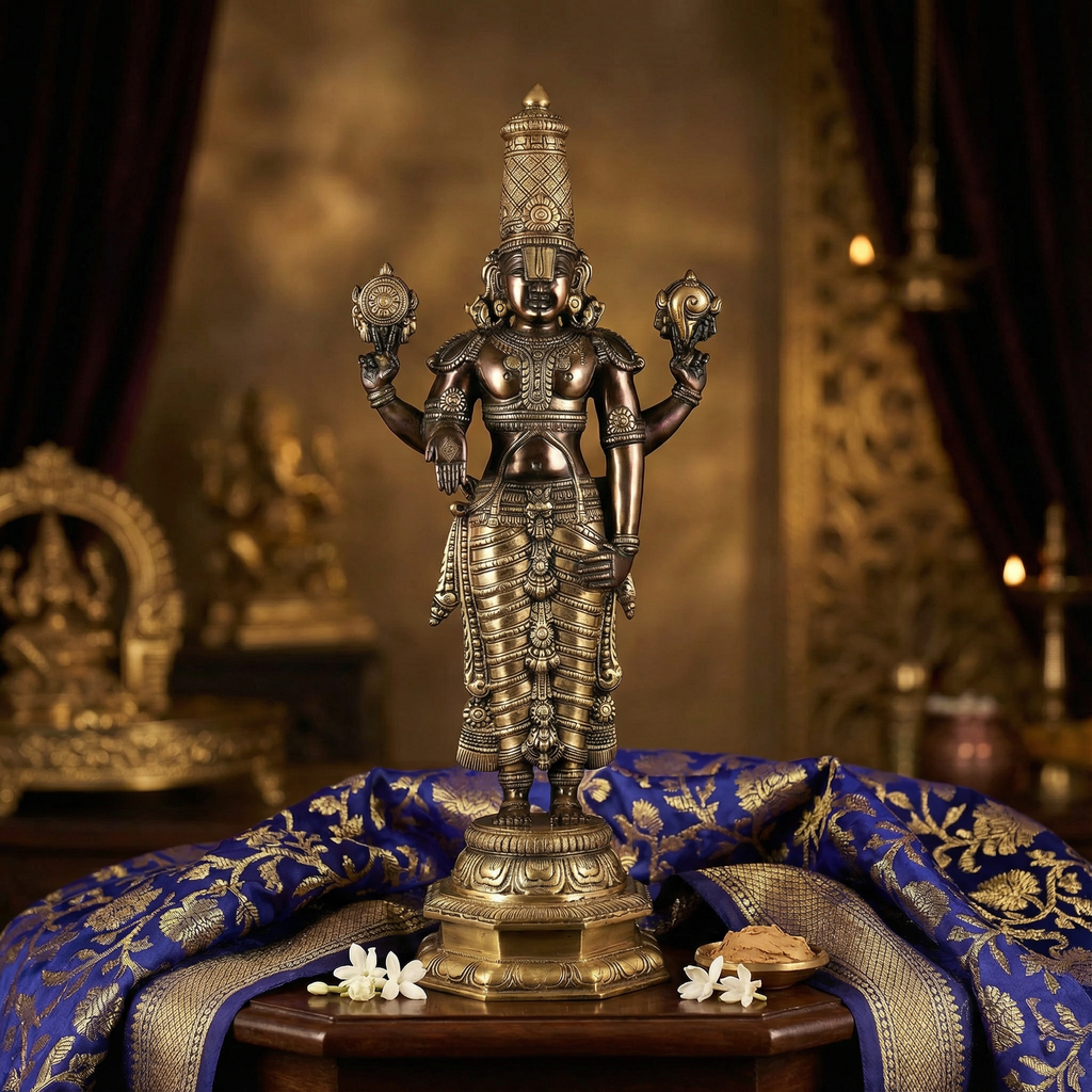Tirupati Balaji Black & Gold Brass Statue | 12 Inch Handcrafted Idol | South Indian Temple Art | Premium Spiritual Decor