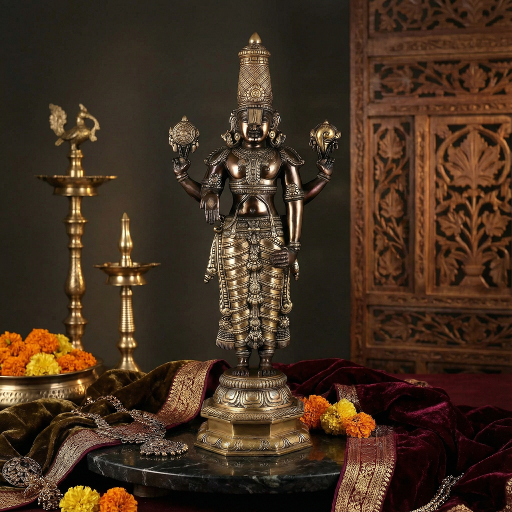 Tirupati Balaji Black & Gold Brass Statue | 12 Inch Handcrafted Idol | South Indian Temple Art | Premium Spiritual Decor