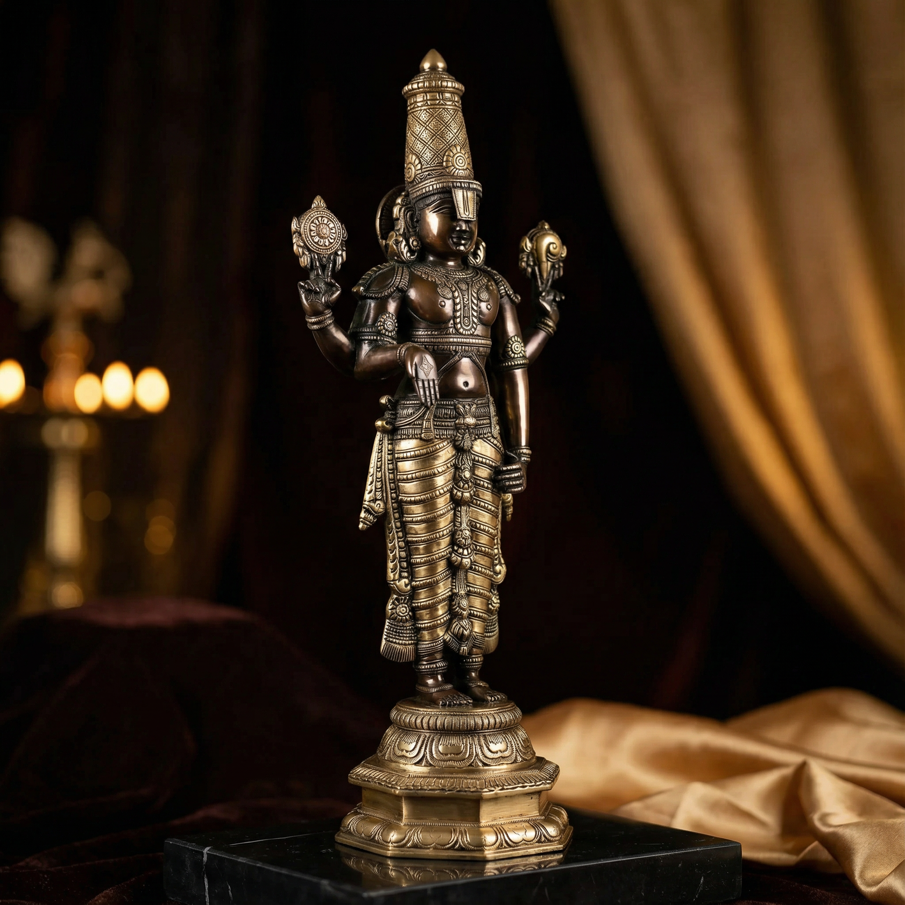 Tirupati Balaji Black & Gold Brass Statue | 12 Inch Handcrafted Idol | South Indian Temple Art | Premium Spiritual Decor